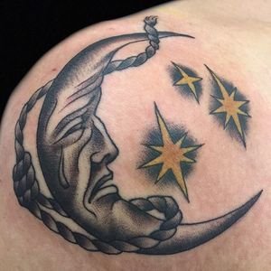 Tattoo by Hanna Sandstrom #HannaSandstrom #moontattoos #moon #sky #stars #space #dream #crescentmoon #maninthemoon #rope #tears #sad #noose
