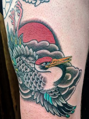 One hit Japanese Crane. Swipe 👉 wrapping on the thigh. Thanks Aiden. @stonehearttattoo Bookings 📧ogradytattoo@hush.com #benogrady #benogradytattoo #ogradytattoo#benogradygallery #sydneytattooartist#australiantattooartist #traditionaltattoo #boldwillhold #brightandbold #japanesetattoo #japanesetattoosubject #irezumi #japanesetattooart #stonehearttattoo#stoneheartbodyart #australiantattooistsguild #cranetattoo