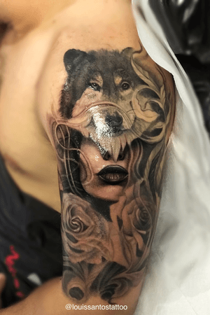 Black and grey realism wolf with face