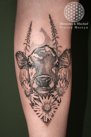 Dotwork Cow and Daisies Tattoo - Unique Design and Tattoo by Mister Mostyn