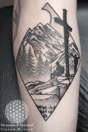 Dotwork Mountain Hikers Landscape - Unique Design and Tattoo by Mister Mostyn 