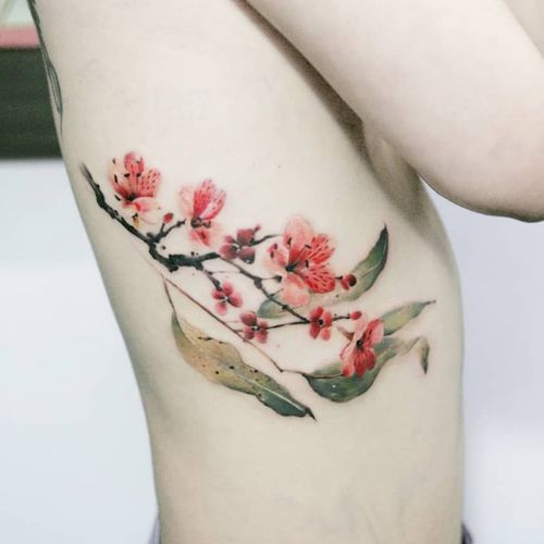 Plum blossom & leaf by SION (@tattooistsion)  #flowertattoo #floraltattoo #Korea #KoreanArtist  #tattooistsion #plumblossom #cherryblossomtattoo  #leaftattoo  #colortattoo #flower #flowers #oriental 