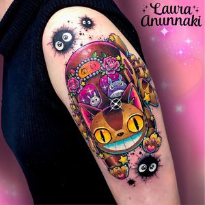 Tattoo by Laura Anunnaki #LauraAnunnaki #animetattoos #anime #manga #newschool #color #Totoro #catbus #cat #sootsprite #rose #flowers #star #sparkles #pearls #kanji #colorful