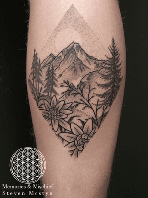 Dotwork Edelweiss and Mountain Landscape - Designed and Tattooed by Mister Mostyn