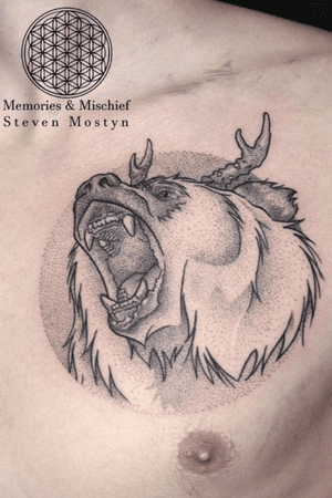 Dotwork Roaring Bear with Antlers - Unique Design and Tattoo by Mister Mostyn