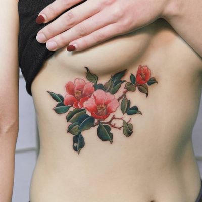 Camellia flower by SION (@tattooistsion) #flowertattoo #floraltattoo #Korea #KoreanArtist #camellia #tattooistsion #colortattoo #flower #flowers #oriental #coverup #floral 