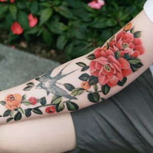 Peony (Swallow is Not my work)by SION (@tattooistsion) #flowertattoo #floraltattoo #Korea #KoreanArtist #peonytattoo #peony  #tattooistsion #colortattoo #flower #flowers #oriental #orientaltattoo 