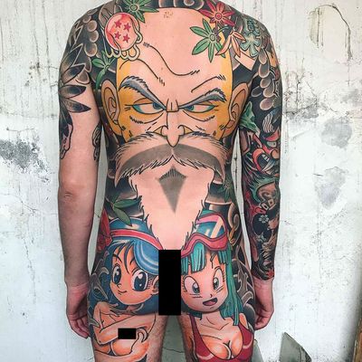 Tattoo by Davis Glows #DavisGlows #animetattoos #anime #manga #newschool #color #DragonballZ #leaves #bodysuit #DBZ #Dragonball #fire #portrait #Bulma #ChiChi #MasterRoshi #smoke