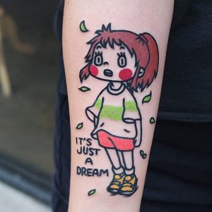 Tattoo by stnrtatt #stnrtatt #animetattoos #anime #manga #newschool #color #spiritedaway #chihiro #text #quote #leaves #nature #child #cute #studioghibli