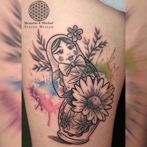 Dotwork Russian Doll with Watercolour Splashes - Unique Design and Tattoo by Mister Mostyn