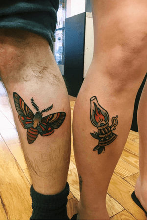 Like a moth to a flame with my day one•Both done by Elisha Schauer @ New London Ink CT #moth #lantern #matchingtattoos #mothtoflame