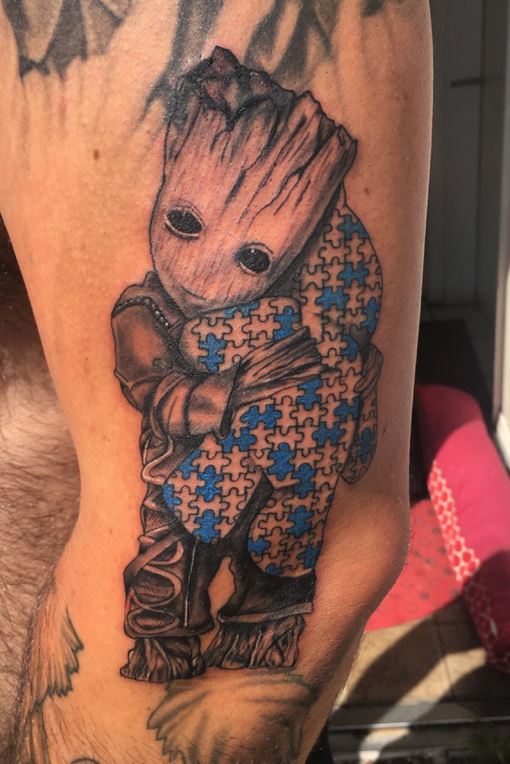 Tattoo Uploaded By Clare Conway Work In Progress Baby Groot Holding The Autism Bear Tattoodo