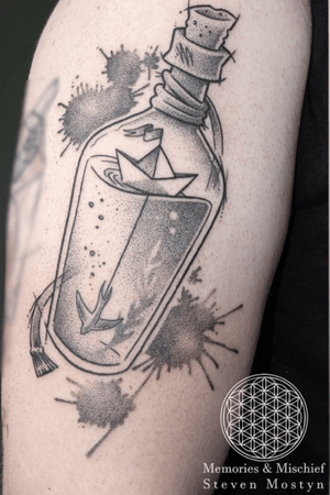 Dotwork Paper Boat in a Bottle - Unique Design and Tattoo by Mister Mostyn
