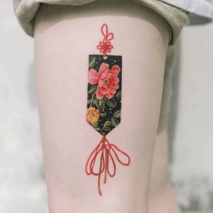 Red knot with two peoniesby SION (@tattooistsion) #flowertattoo #floraltattoo #Korea #KoreanArtist #tattooistsion #colortattoo #flower #flowers #oriental #peonytattoo 