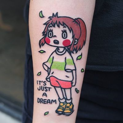 Tattoo by stnrtatt #stnrtatt #animetattoos #anime #manga #newschool #color #spiritedaway #chihiro #text #quote #leaves #nature #child #cute #studioghibli