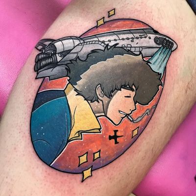 Tattoo by Josh Mcallister #JoshMcallister #animetattoos #anime #manga #newschool #color #cowboybebop #spike #spaceship #SpikeSpiegal #stars #galaxy #space #scifi #cigarette #smoking