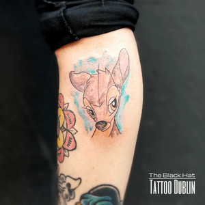 Walt Disney tattoos are timeless as they bring us to childhood..Maël has a thing with colors, let him do his magic on you 😉.#disney #tattoodo #tattoodublin #bambi #tattoolife #tattooist #colortattoo #scketchtattoo 