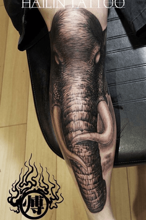 Leg piece- utilize human’s knee as elephant’s head structure. #hailin_fu_tattoo #hailintattoo #losangeles 