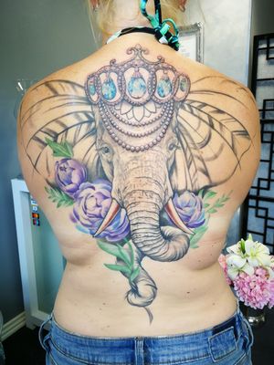 Gentle elephant with watercolor peonies and jewelry