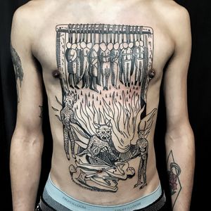Tattoo by Osangbrutal #Osangbrutal #lineworktattoos #linework #illustrative #etching #demons #devil #satan #hell #noose #fire #medieval #death #hanging