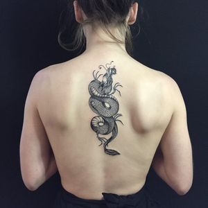 Tattoo by Tessa Claire #TessaClaire #lineworktattoos #linework #illustrative #dragon #mythicalcreature #Japanese #backpiece