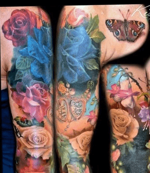 realiatic tattoo color sleeve by Brigi | nature butterfly and more at tattoo anansi munich germany