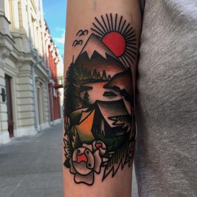 Tattoo by Vasiliy Stadler #VasiliyStadler #campingtattoos #camping #mountains #forest #trees #tent #camping #travel #color #traditional #nature #landscape #sun #leaves #flower #birds
