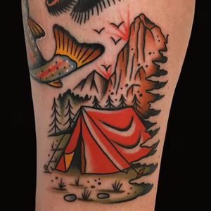 Tattoo by Alex Zampirri #AlexZampirri #campingtattoos #camping #mountains #forest #trees #tent #camping #travel #nature #landscape #outdoors #color #traditional