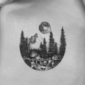 Tattoo by Alexandyr Valentine #alexandyrvalentine #campingtattoos #camping #mountains #forest #trees #tent #camping #travel #moon #friends #campfire #fire #blackandgrey #illustrative