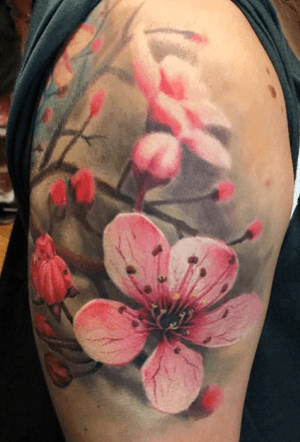 cherry flower realistic color tattoo work by Joe (töröktatyooart) 