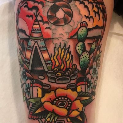Tattoo by Holly Suzuki #HollySuzuki #campingtattoos #camping #mountains #forest #trees #tent #camping #travel #color #traditional #flowers #cactus #fire #landscape #NativeAmerican #floral #nature