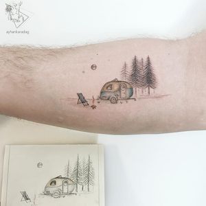 Tattoo by Ayhan Karadag #AyhanKaradag #campingtattoos #camping #mountains #forest #trees #travel #fire #trailer #nature #moon #stars