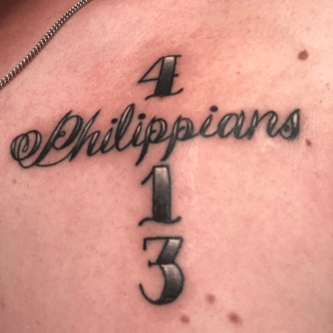 Tattoo uploaded by Kyle • philippians 4 13 script cross tattoo #cross  #script #blackandgrey • Tattoodo