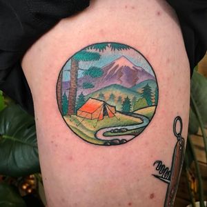 Tattoo by Brittany Kilsby #BrittanyKilsby #campingtattoos #camping #mountains #forest #trees #tent #camping #travel #color #traditional #nature #landscape