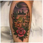 Tattoo by Adam TheKid Wakitsch #AdamTheKid #AdamWakitsch #campingtattoos #camping #mountains #forest #trees #tent #camping #travel #color #traditional #flowers #cactus #fire #landscape #moon