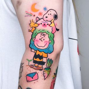 Tattoo by Si Si Love Love #SiSiLoveLove #SnoopyTattoos #Snoopy #Peanuts #CharlieBrown #cartoon #dog #vintage #woodstock #bird #cute #color #newschool #carrot #letter #cat #stars #watercolor
