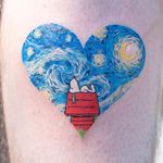 Tattoo by Zihee #Zihee #SnoopyTattoos #Snoopy #Peanuts #CharlieBrown #cartoon #dog #vintage #VincentVanGogh #StarryNight #moon #stars #heart #fineart #painterly #watercolor #painting
