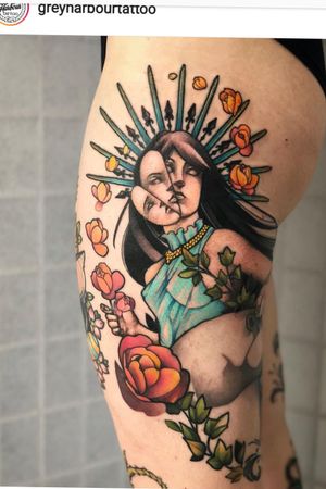 Tattoo by greyharbourtattoo on instagram.#woman #flowers #tattoo #womantattoo #swords 