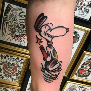 Tattoo by Stray Dog Tattoos #straydogtattoos #SnoopyTattoos #Snoopy #Peanuts #CharlieBrown #cartoon #dog #vintage #dynamite #cute #funny