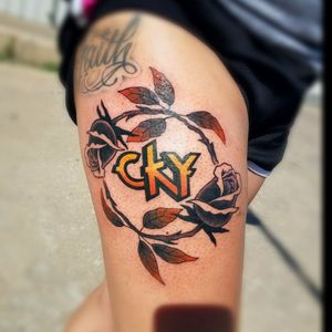 Memorial piece I did a while back. For appointments email nchurchtattoo@gmail.com #cky #love #memorial #hisfavoriteband #roses #rocknroll