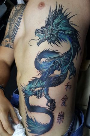 Japanese dragon vivid blue colors, aquarella technique