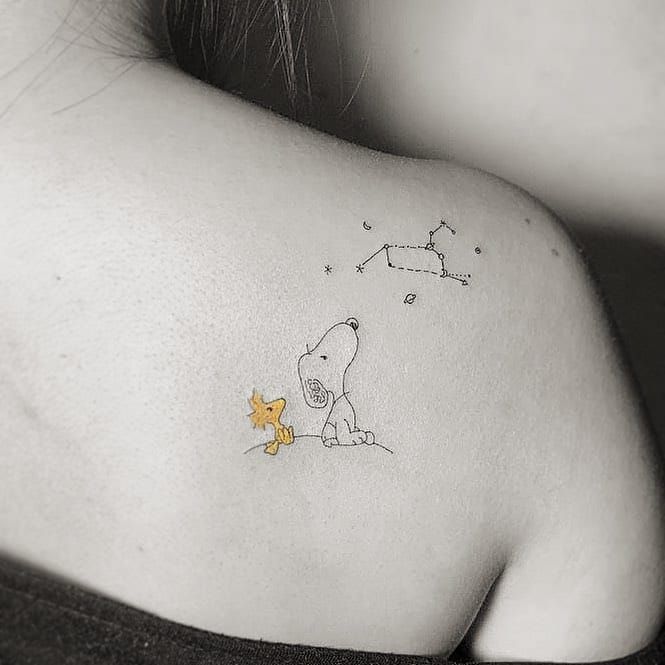 Snoopy and Woodstock tattoo  Peanuts tattoo  Snoopy tattoo Leg tattoos  Body art tattoos