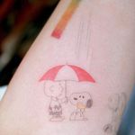 Tattoo by Tattooist Arar #TattooistArar #Arar #SnoopyTattoos #Snoopy #Peanuts #CharlieBrown #cartoon #dog #vintage #rain #umbrella #Woodstock #cute #fineline