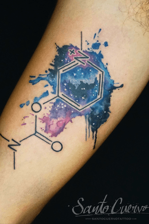 Experience the cosmic beauty with this stunning watercolor geometric galaxy tattoo by artist Alex Santo.