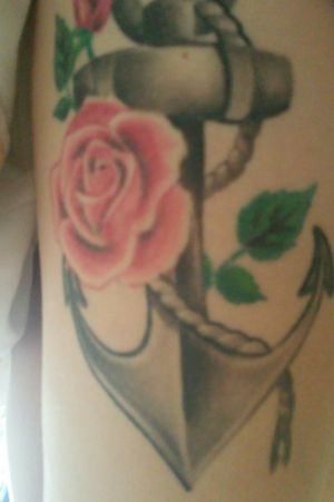 #thightattoo #leg # roses #anchor #flowers #ink #colour #shaded #line