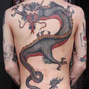Tattoo by Aron J Dubois #AronJDubois #favoritetattoos #color #traditional #Japanese #mashup #dragon #mythicalcreature #myth #legend #magic #backpiece