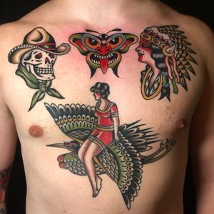 Tattoo by Dave Halsey #DaveHalsey #favoritetattoos #color #traditional #cowboy #skull #death #butterly #creature #wings #demon #NativeAmerican #headdress #feathers #horns #ladyhead #lady #bird #wings