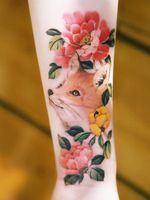 A fox and peonies on top of the scar by SION (@tattooistsion) #flowertattoo #floraltattoo #Korea #KoreanArtist #tattooistsion #colortattoo #koreatattoo #flower #flowers #oriental #foxtattoo #peony #peonytattoo #coverup #flower #fox #watercolortattoo 