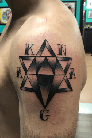 My last name is Kagan and it’s also an acronym for everyone in my family. Mom, brother, sister, dad and myself included. The diamond is for wealth and strength. The star is for religion. Had the design in mind for years before I got it my first time out of the country on a tour through Israel. Had some help from the artist and a buddy I met on that same trip. Very pleased with the outcome!