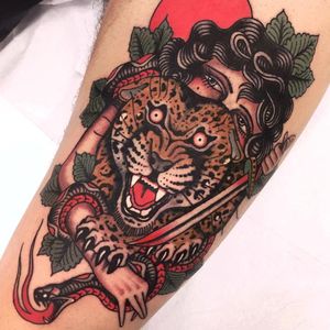 Tattoo by Pablo Lillo #PabloLillo #favoritetattoos #lady #leopard #junglecat #color #traditional #leaves #nature #animal #sword #snake #reptile